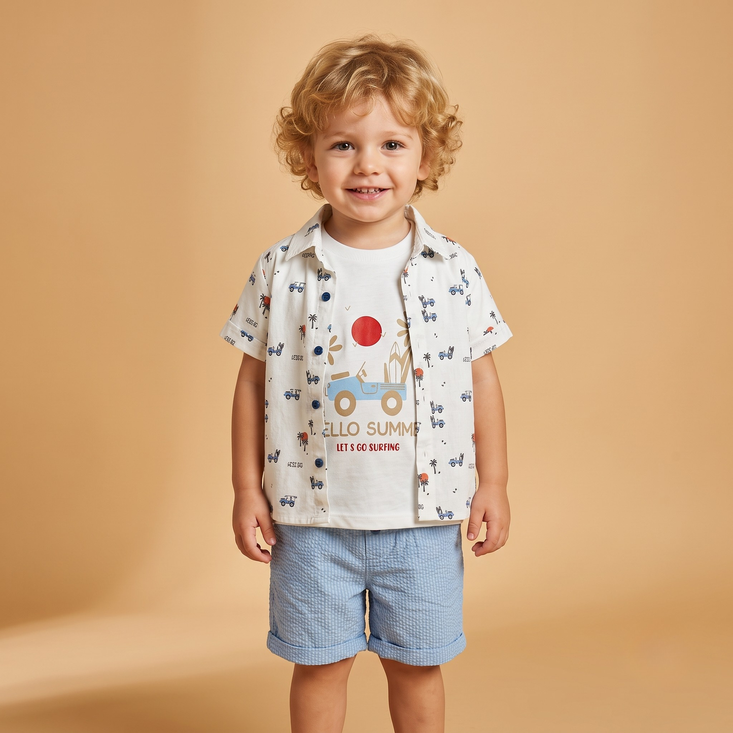 Erkek Çocuk 3'lü Takım Hello Summer Baskılı Gömlek T-shirt Şort