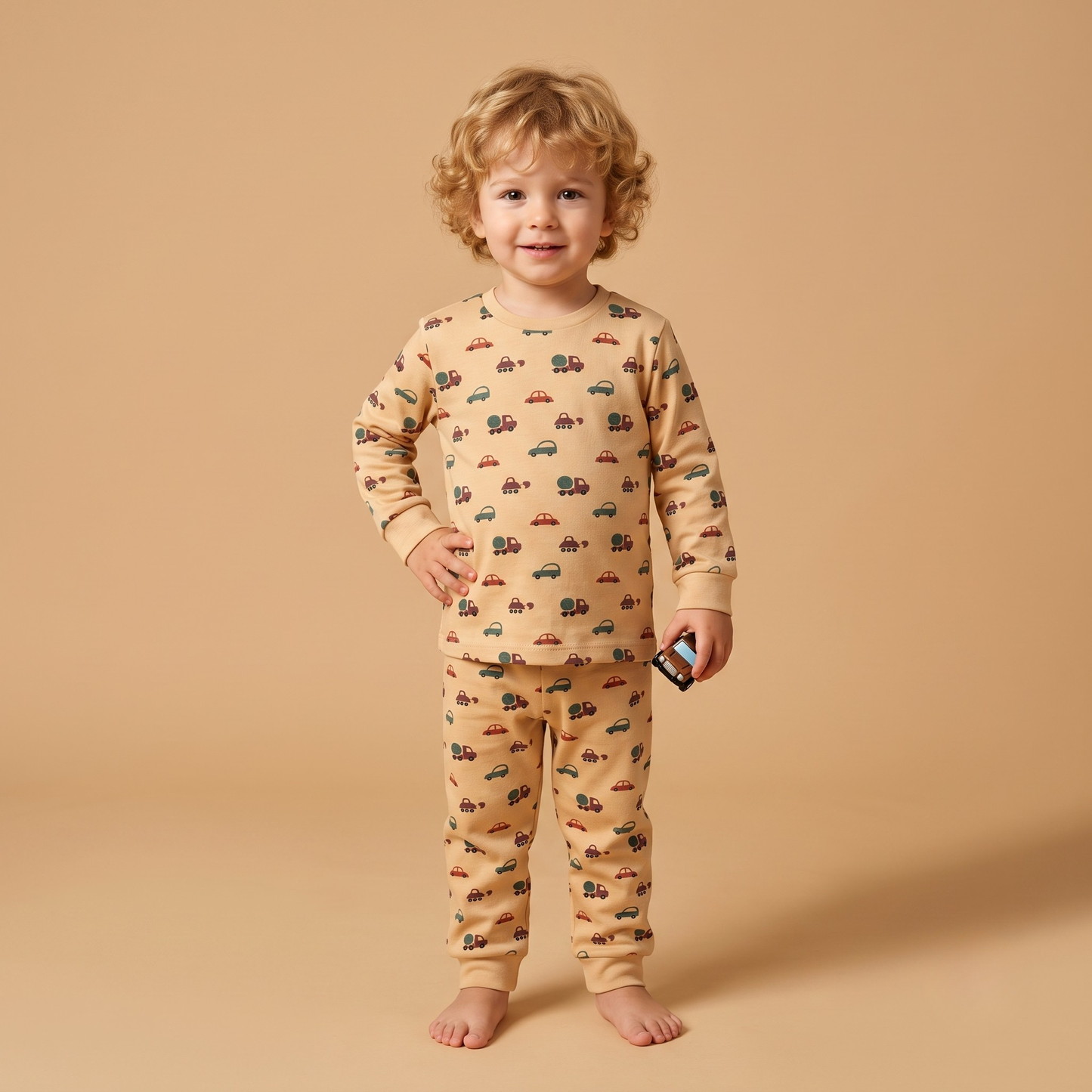 Unisex Çocuk Arabalı Desenli Pijama Takımı - 3 İplik %100 Pamuklu Uzun Kollu 2'li Set