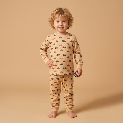 Unisex Çocuk Arabalı Desenli Pijama Takımı - 3 İplik %100 Pamuklu Uzun Kollu 2'li Set