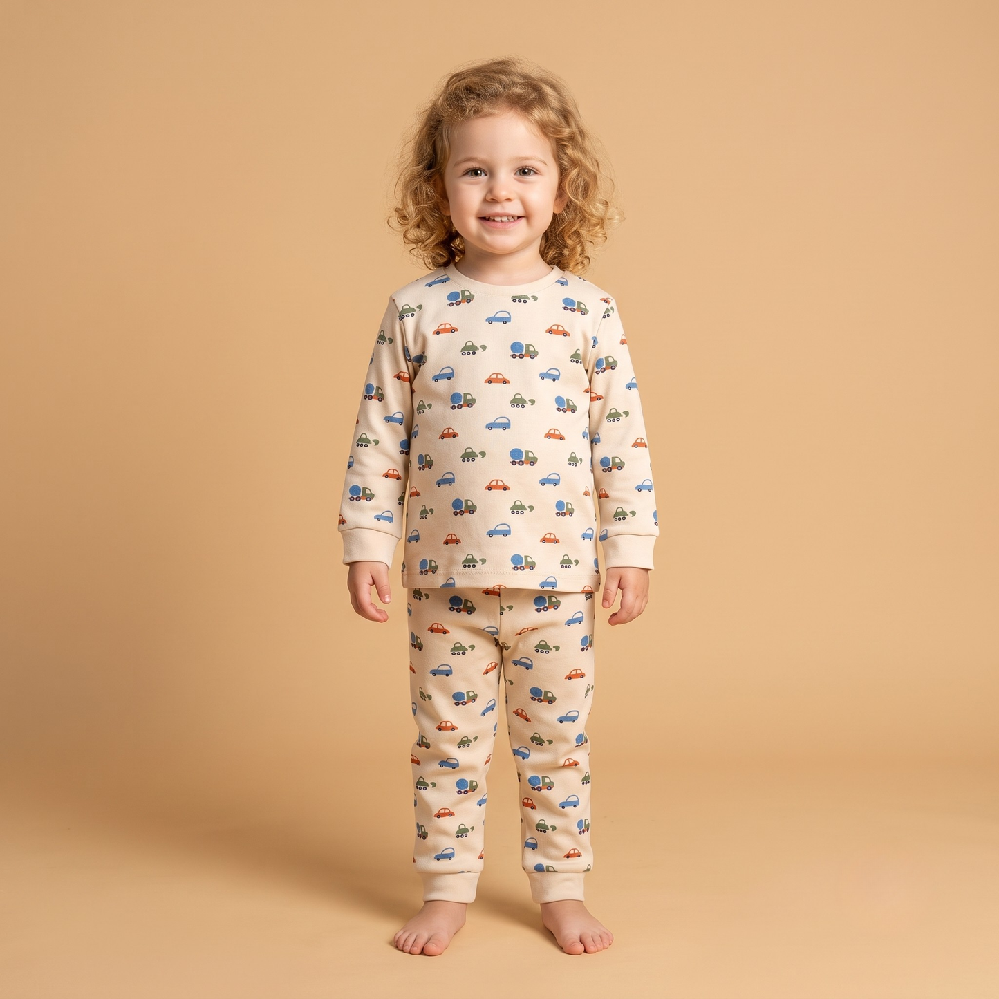 Unisex Çocuk Arabalı Desenli Pijama Takımı - 3 İplik %100 Pamuklu Uzun Kollu 2'li Set