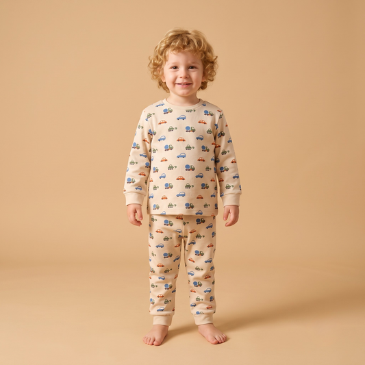 Unisex Çocuk Arabalı Desenli Pijama Takımı - 3 İplik %100 Pamuklu Uzun Kollu 2'li Set