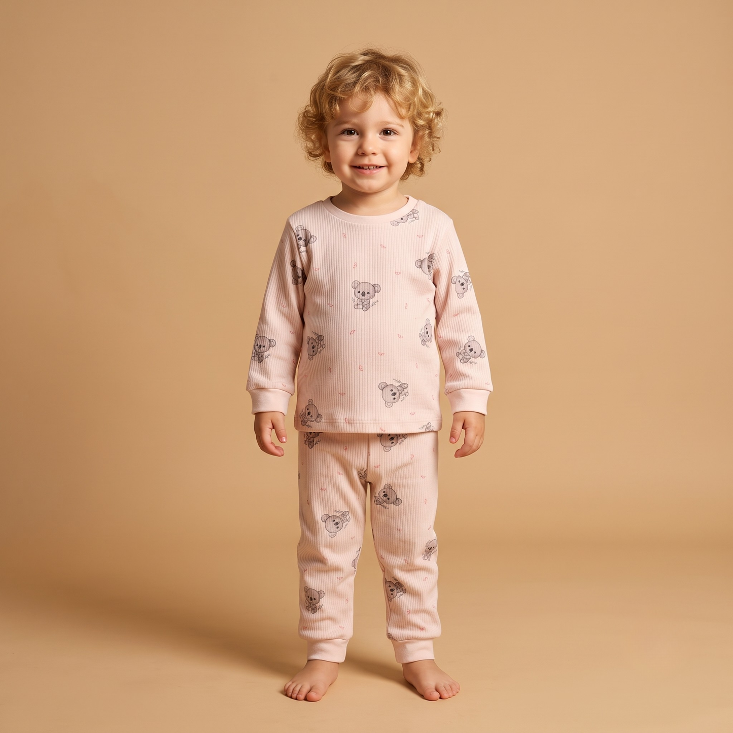 Unisex Çocuk Koala Desenli Fitilli Pijama Takımı - Pamuklu Uzun Kollu 2'li Set