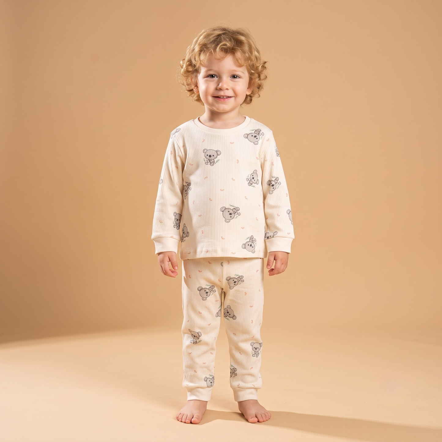 Unisex Çocuk Koala Desenli Fitilli Pijama Takımı - Pamuklu Uzun Kollu 2'li Set