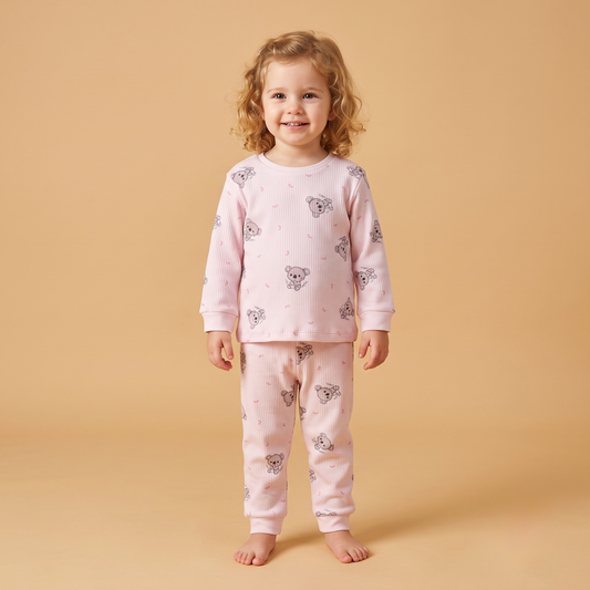 Unisex Çocuk Koala Desenli Fitilli Pijama Takımı - Pamuklu Uzun Kollu 2'li Set