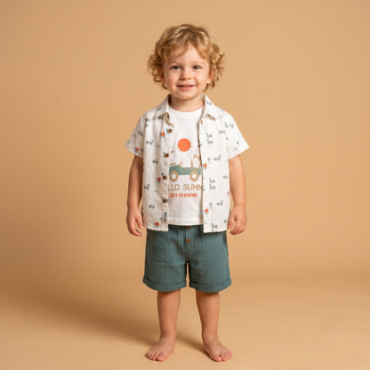 Erkek Çocuk 3'lü Takım Hello Summer Baskılı Gömlek T-shirt Şort