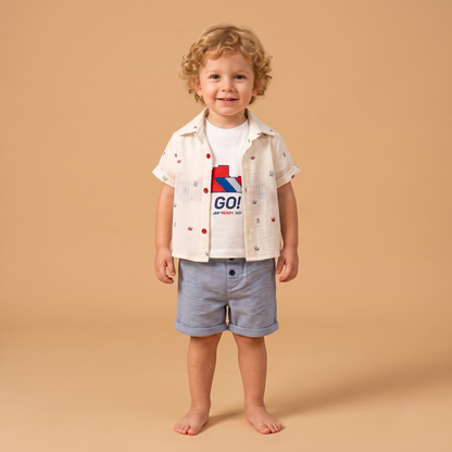 Erkek Çocuk 3'lü Takım Taç Desenli Gömlek Baskılı T-shirt Şort