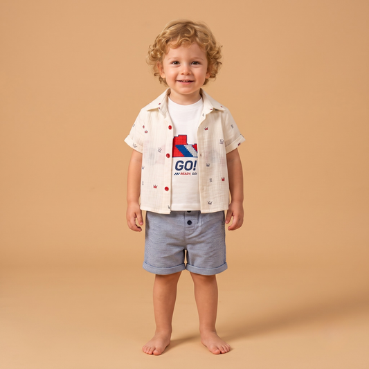 Erkek Çocuk 3'lü Takım Taç Desenli Gömlek Baskılı T-shirt Şort