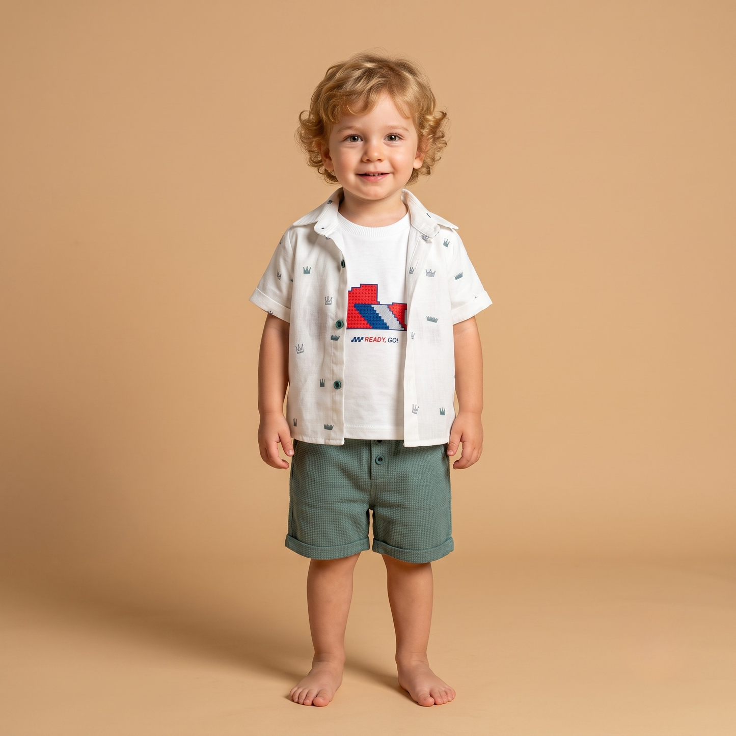 Erkek Çocuk 3'lü Takım Taç Desenli Gömlek Baskılı T-shirt Şort