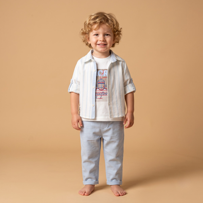 Erkek Çocuk 3'lü Takım Çizgili Gömlek T-shirt Pantolon