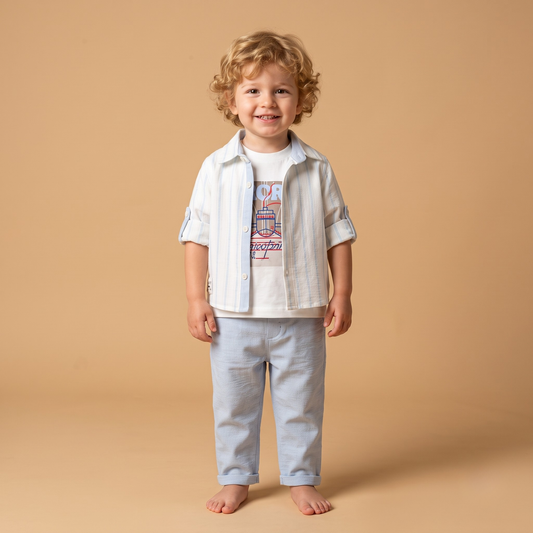 Erkek Çocuk 3'lü Takım Çizgili Gömlek T-shirt Pantolon