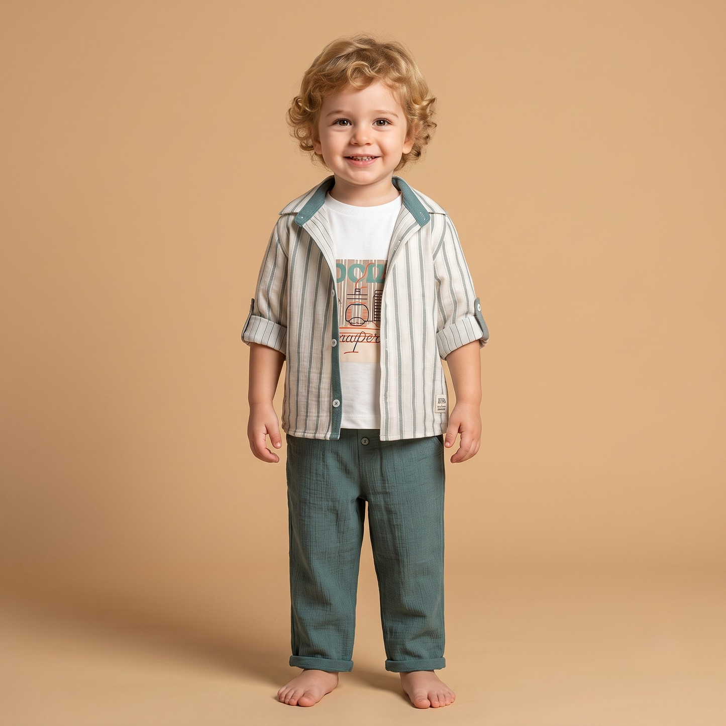 Erkek Çocuk 3'lü Takım Çizgili Gömlek T-shirt Pantolon