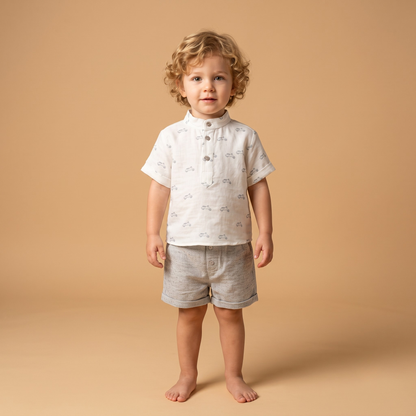 Erkek Çocuk Vespa Desenli Hakim Yaka Gömlek Dokulu Şort 2'li Takım